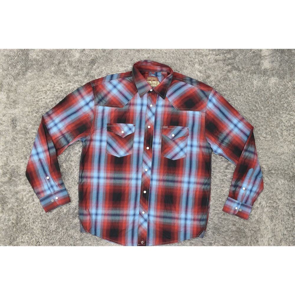Rafter Red Drift Men's Red Cotton Blend Button-Up Shirt L Snap Plaid Long Sleeve